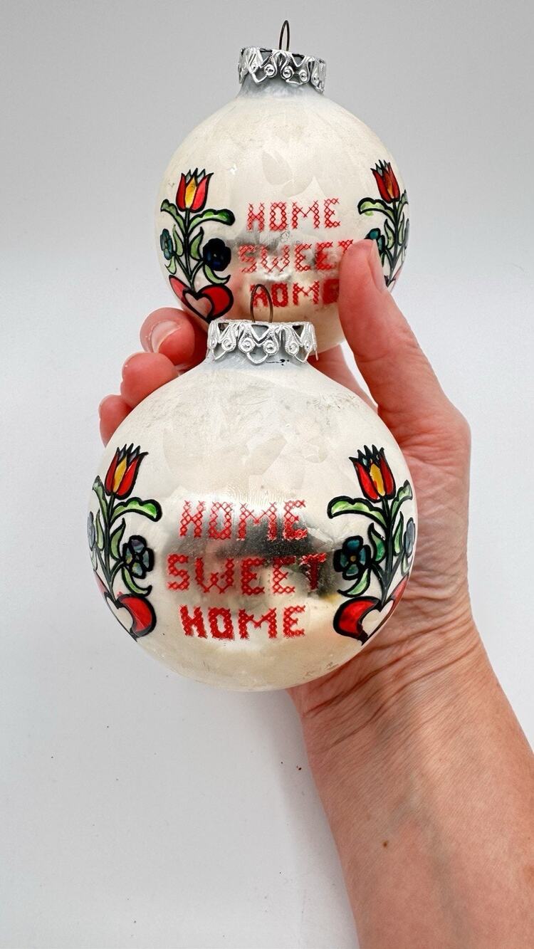 2 Vintage Austria Glass Christmas Ornaments Home Sweet Home Floral Folk Art